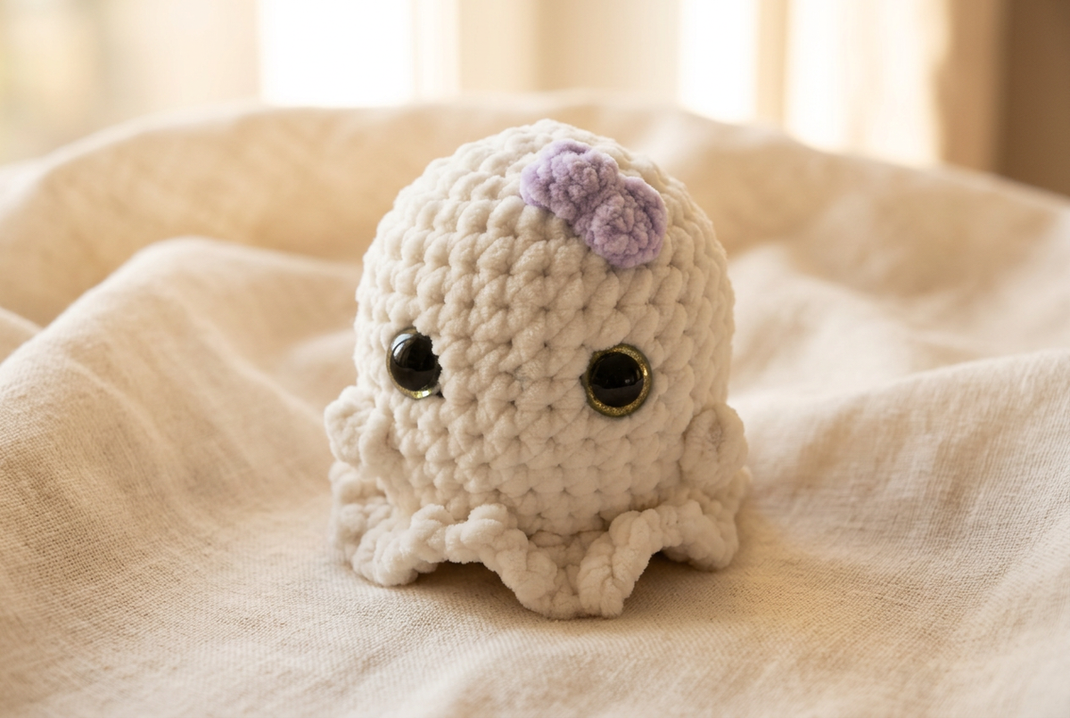 Pieuvre au crochet, photo 1, arrière-plan lin crème